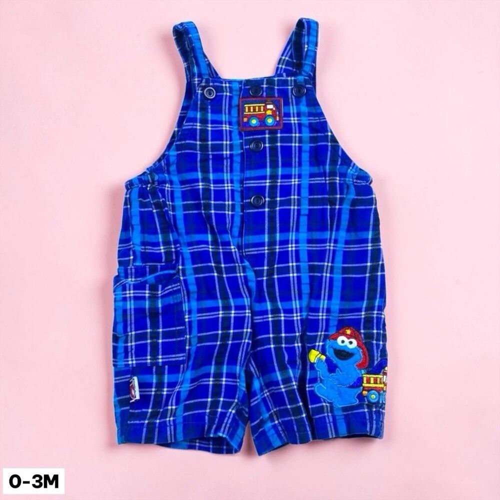 Vintage Sesame Street Elmo Cookie Monster Overalls 0-3M Embroidered Y2K Plaid
